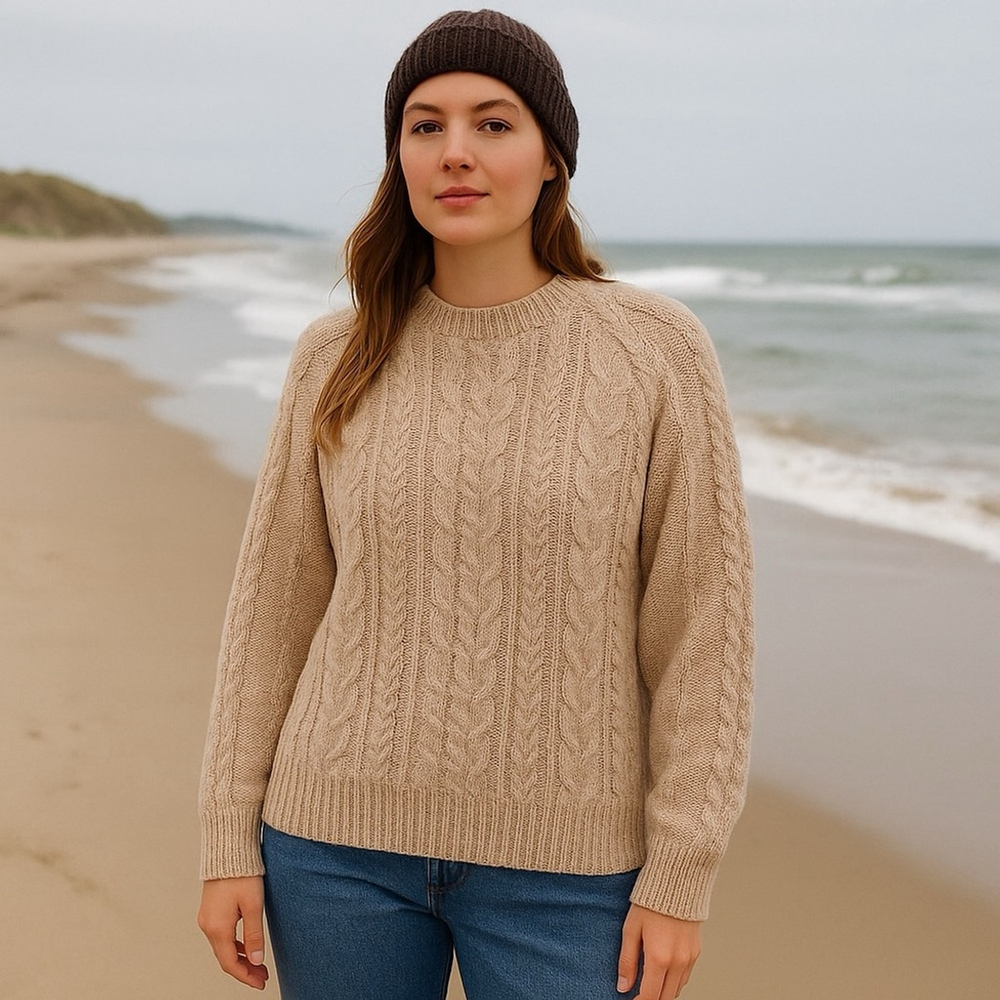 Hand Knit 100% Alpaca Wool Andean Imports Cable Knit Beige Sweater – Large